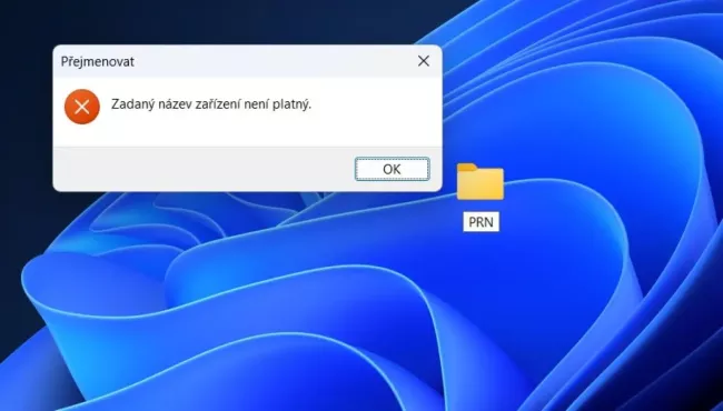 Pokus pojmenovat složku ve Windows vyhrazeným názvem