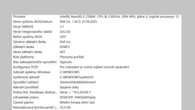 Výpis konfigurace systému Windows