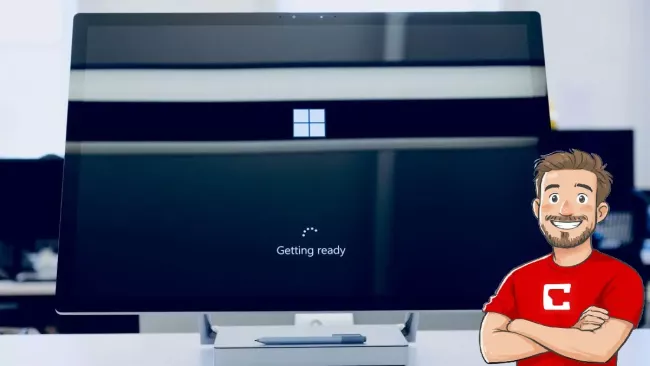 Na monitoru je vidět proces nastavování Windows