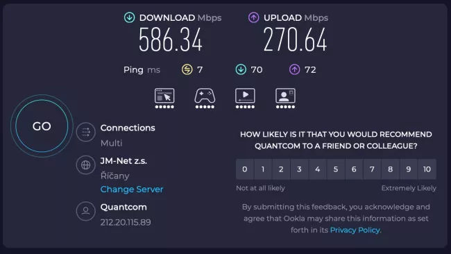 Speedtest na MacBooku Pro M5 s Wi-Fi 7