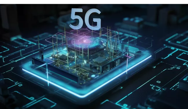 Moderní počítačový čip s holografickým nápisem 5G.