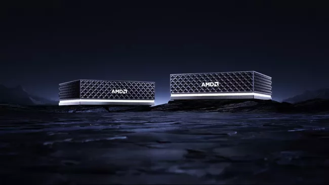 Minipočítač AMD Ryzen AI Halo na tmavém pozadí
