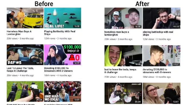 Srovnání před a po aplikaci nástroje Clickbait Remover pro YouTube