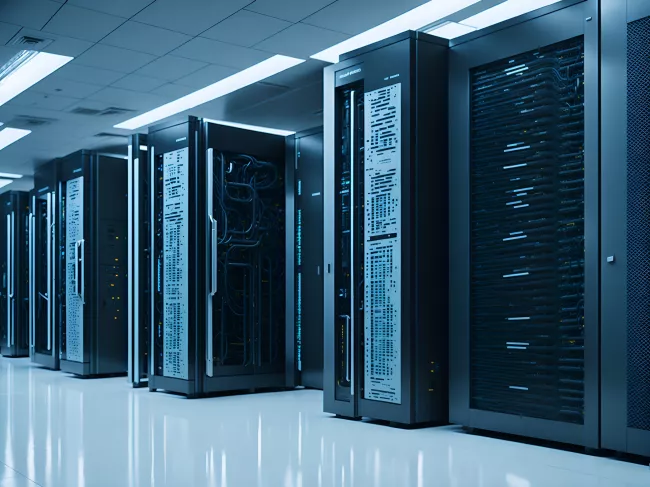 Řady serverových skříní v moderním datovém centru s blikajícími kontrolkami a kabeláží.