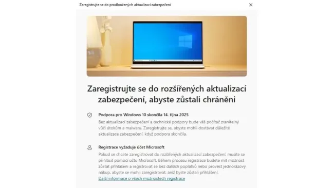 Přihlášení do programu prodloužené podpory Windows 10 ESU