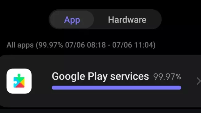 Údaj o spotřebě energie aplikace Google Play Services