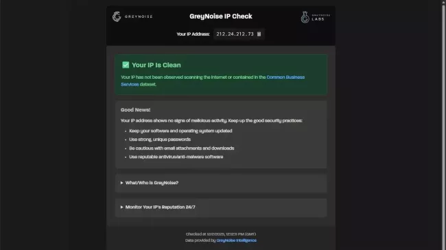 Prostředí služby GreyNoise IP Check