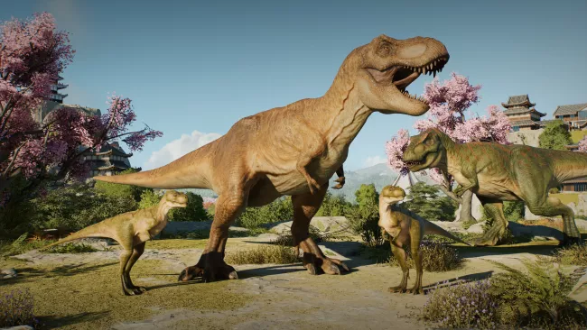 Dinosauři v japonské krajině: herní záběr z Jurassic World Evolution 3