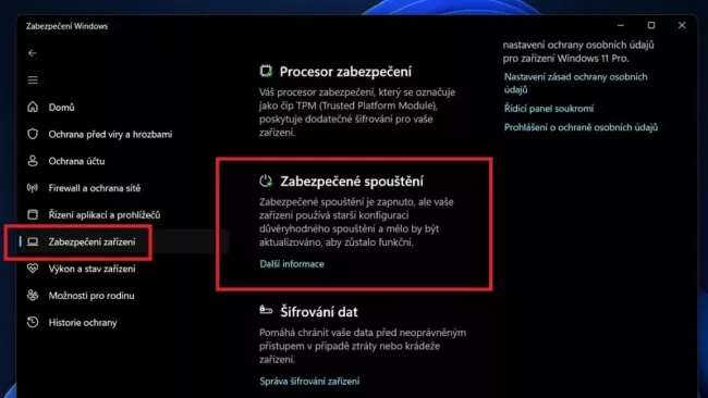 Oblast Zabezpečení zařízení ve službě Zabezpečení Windows