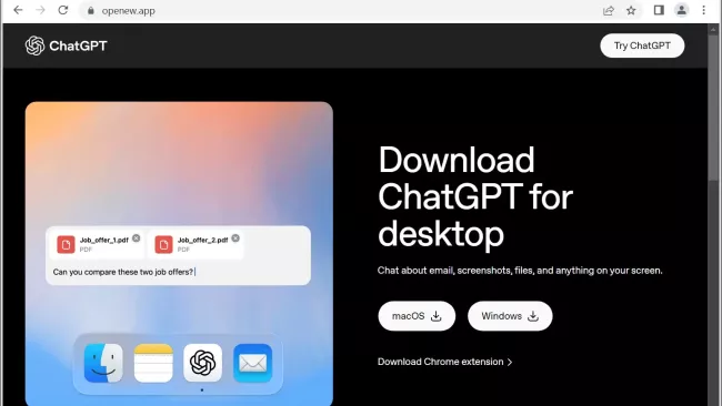 Falešná stránka pro stažení desktopové aplikace ChatGPT