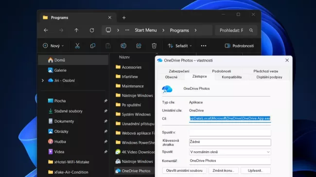 Aplikace OneDrive Photos a její umístění v adresářové struktuře Windows