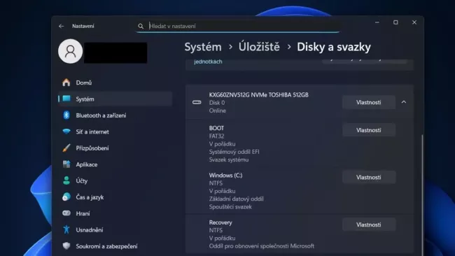 Windows 11 / Nastavení, Disky a Svazky