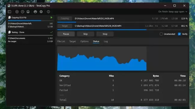 Prostředí programu TeraCopy