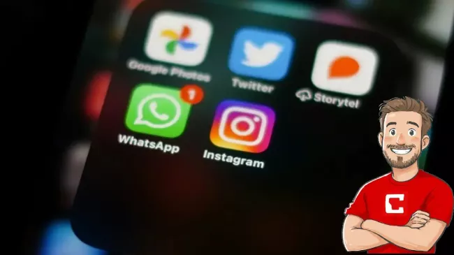 Detail na ikony sociálních sítí a WhatsApp na displeji smartphonu