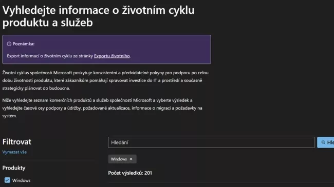 Stránka kde lze vyhledat ukončení podpory