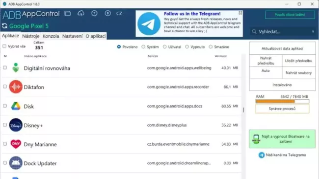 Prostředí programu ADB App Control