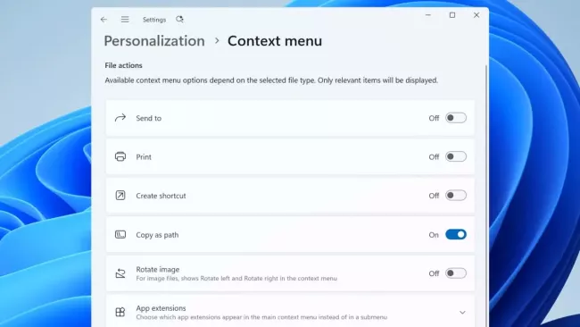 Možnosti personalizace v novém kontextovém menu Windows 11