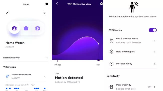 Prostředí aplikace pro nastavení funkce WiFi Motion