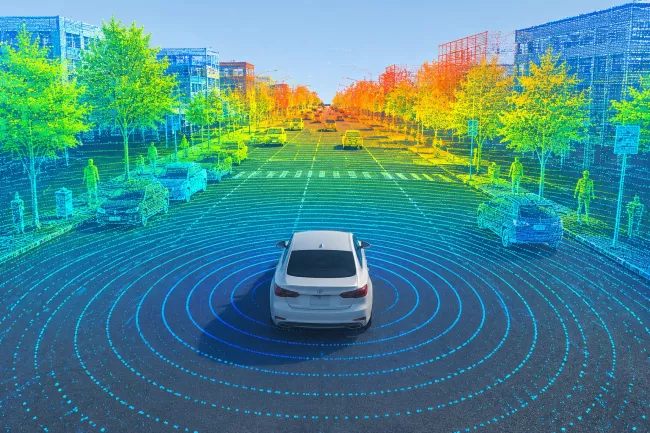 Vizualizace okolí autonomního automobilu zachyceného pomocí technologie LiDAR.