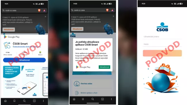 Banka ČSOB zveřejnila i podobu webů a sdělení, jak se podvodníci snaží vylákat z lidí peníze.