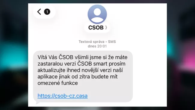 Kyberšmejdi jdou po bankovních účtech klientů ČSOB. Takto vypadá falešná SMS zpráva. 