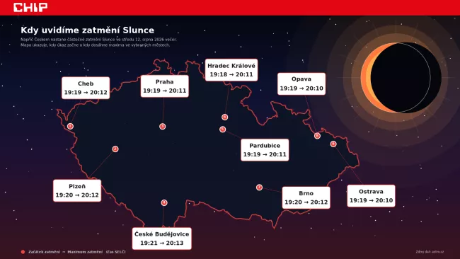 Mapa, kde a v kolik sledovat zatmění Slunce