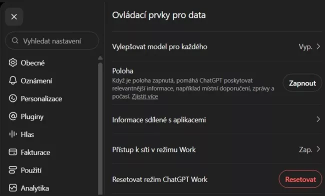 Nastavení v aplikaci ChatGPT.