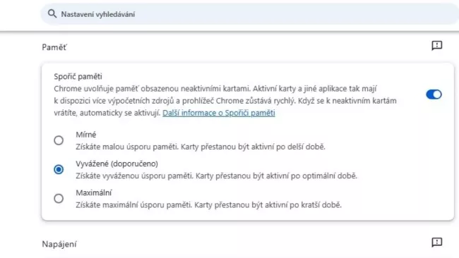 Nastavení úspory paměti v Chrome