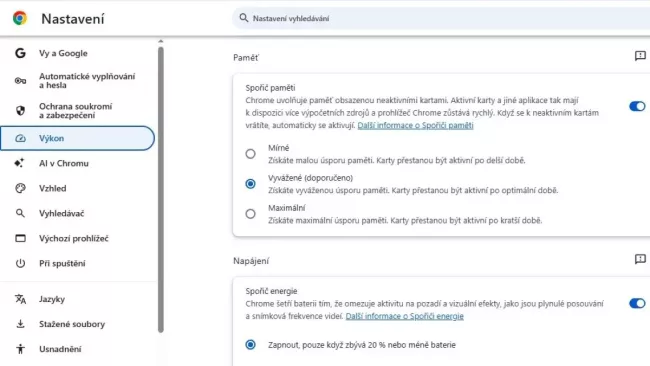 Nastavení režimu šetření paměti v prohlížeči Chrome