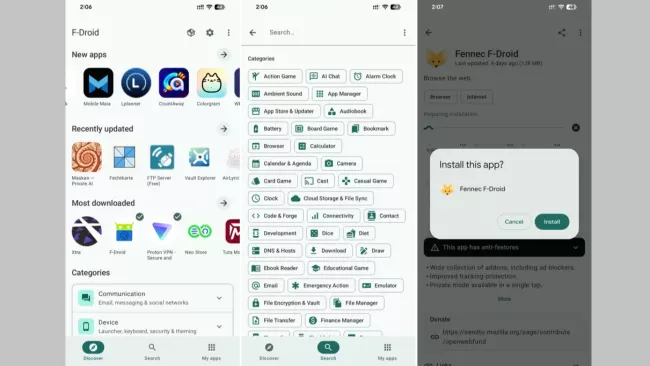 Grafická podoba nejnovější aktualizace F-Droid 2.0