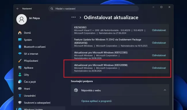 Windows Update a oblast odstranění aktualizace
