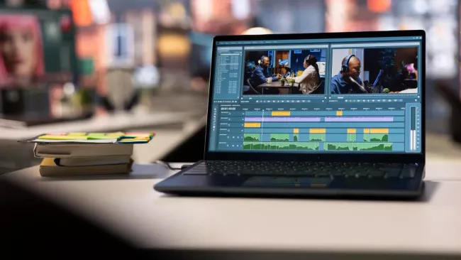 Laptop s nástrojem pro střih videa