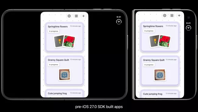 Zobrazení na iPhone Duo (před upravením na iOS 27)