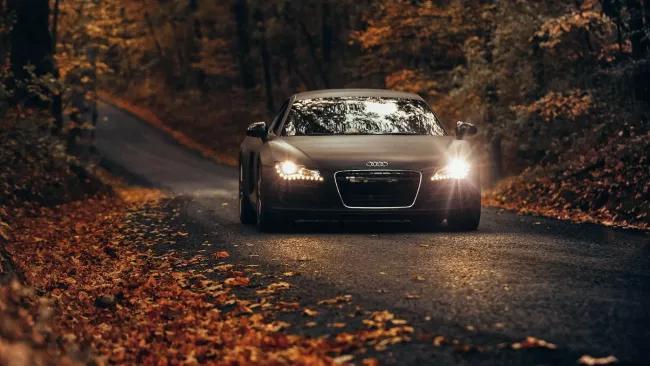 Vůz Audi jede podzimní přírodou