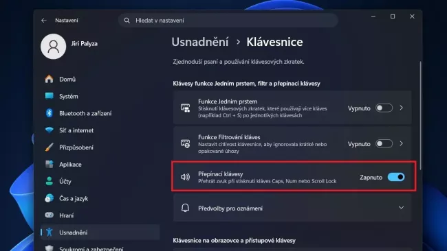 Nastavení zvukového upozornění na aktivní klávesu Caps ve Windows 11