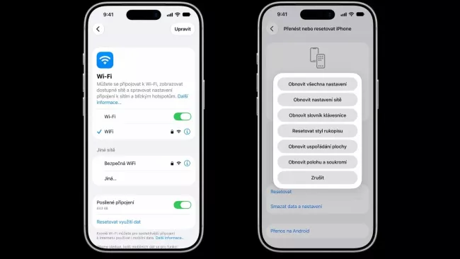 Nastavení iPhone vedoucí k resetu síťových nastavení