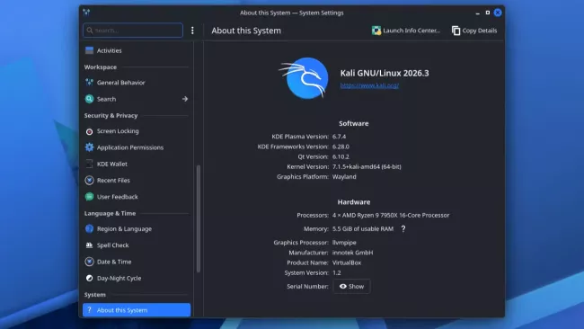 Desktop KDE Plasma 6.7 v Kali Linuxu