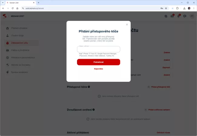 Seznam přístupové klíče