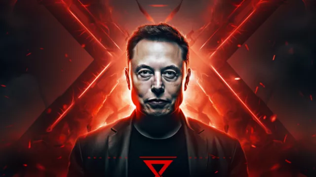 Naštvaný Elon Musk s logem X za zády