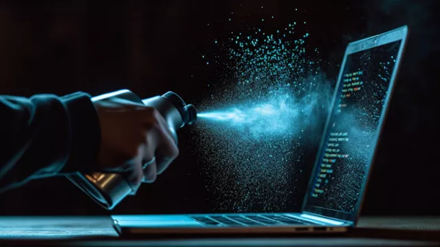 Hacker stříká sprejem na displej laptopu