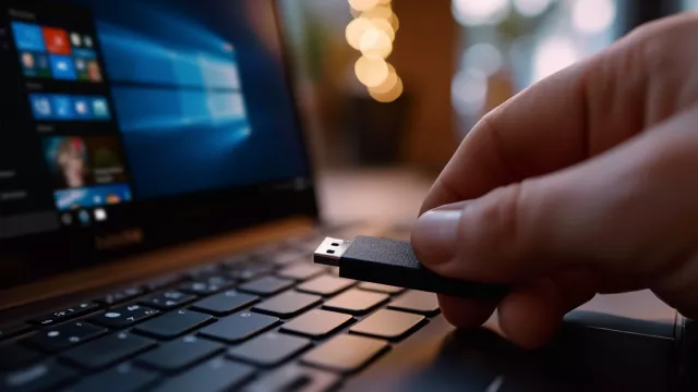Uživatel připojuje USB flash disk ke svému laptopu s Windows 10