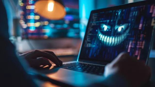 Uživatel u laptopu, na jehož displeji je smějící se tvář hackera