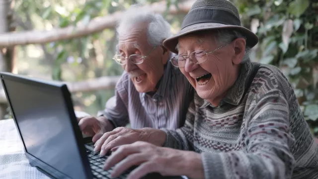 Důchodci používají počítač, moderní technologie