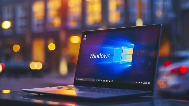 Logo Microsoft Windows 10 na displeji notebooku