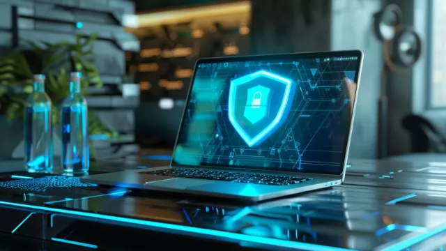 Laptop se symbolem bezpečnostního štítu na displeji