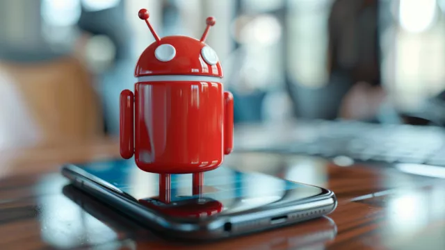 Červený robot Android stojí na displeji mobilu