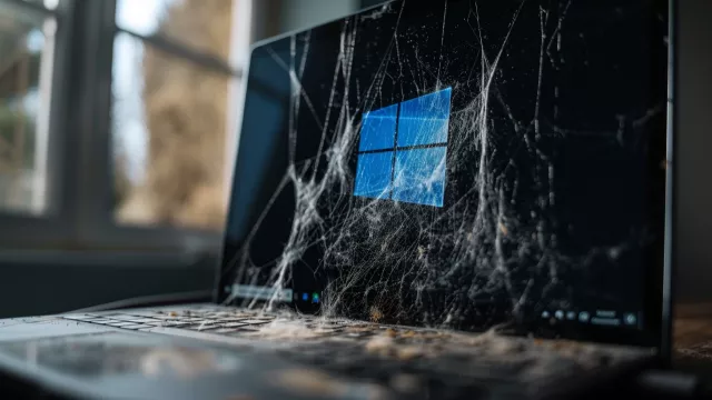 Laptop s Windows 10, opředený pavučinami