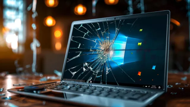 Rozbitý laptop s logem Windows na displeji