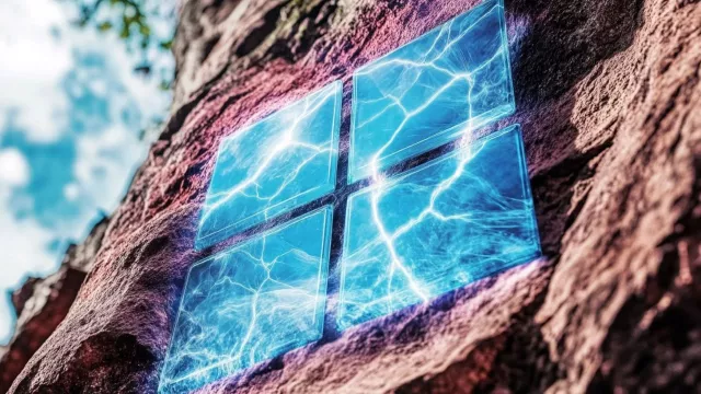Logo Windows zobrazené na skalním masivu