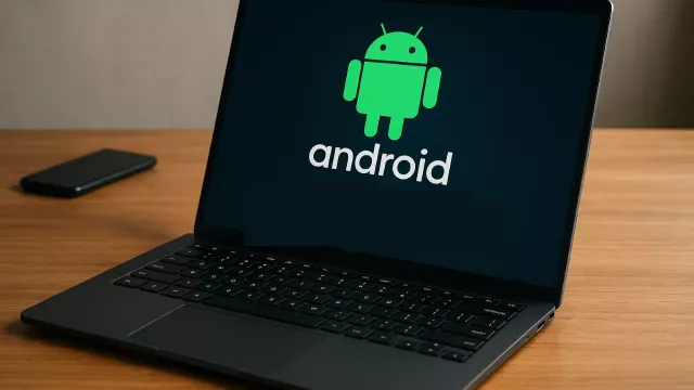 Logo Androidu na displeji notebooku